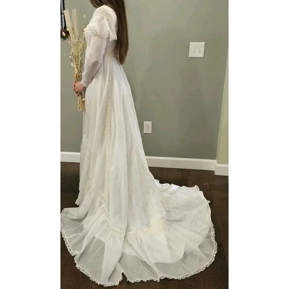 Vintage 70s Cream Prairie Dress Victorian Peasant Cottage Lace Boho Wedding Gown - Picture 9 of 16